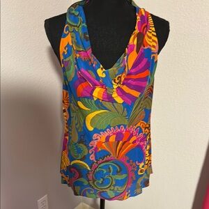 Trina Turk for Banana Republic Blue Pink Graphic Asymmetrical Tank Top